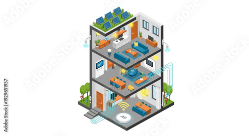 Isometric illustration of a modern three-story building with offices and rooftop garden viewed from the front
