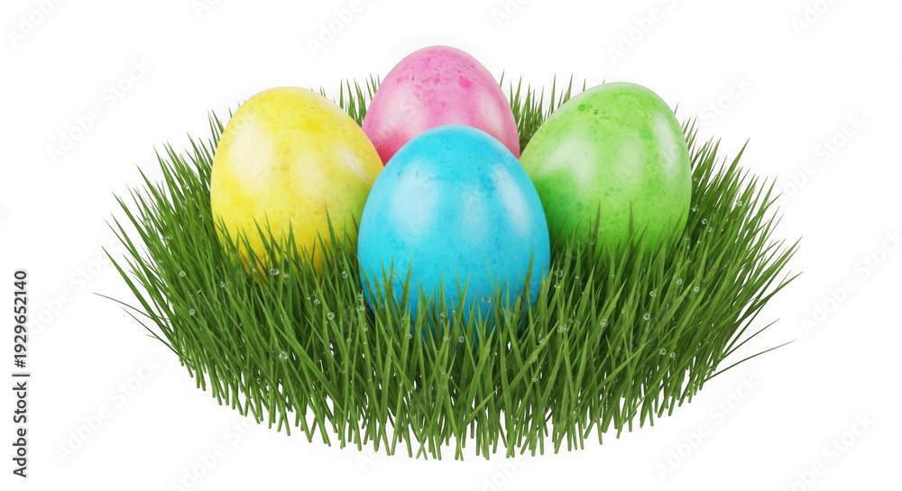 Fototapeta premium Colorful easter eggs nestled in a bed of green artificial grass.
