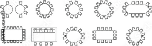 Conference table layout collection, round rectangular oval boardroom seating arrangement top view office meeting room furniture plan set outline vector illustration