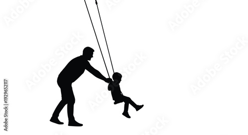 Father silhouette pushing small child gently on a playground swing in black and white vector graphic