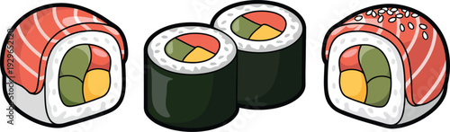 Assorted Japanese Sushi Roll Set Featuring Salmon Maki and Uramaki Rolls with Sesame Seeds for Restaurant Menu and Culinary Design