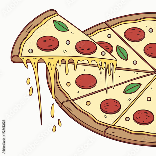 Delicious Italian pepperoni pizza vector illustration featuring a hot slice with melted cheese, tomato, and mushrooms isolated for a pizzeria snack or fast food restaurant meal