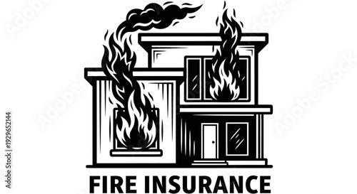 Black and white illustration of a two storey house on fire representing the need for fire insurance coverage and protection for homeowners against potential damages and losses.
