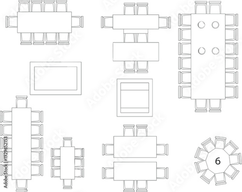 Conference table floor plan layouts, rectangular double desk round six seat arrangement top view office meeting room furniture vector outline set