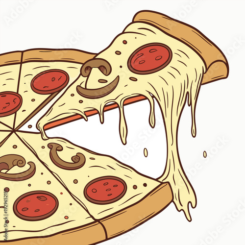 Delicious Italian pepperoni pizza vector illustration featuring a hot slice with melted cheese, tomato, and mushrooms isolated for a pizzeria snack or fast food restaurant meal