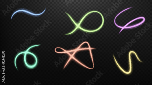 Colorful Dotted Light Trails Set on Transparent Background, Vector Illustration
