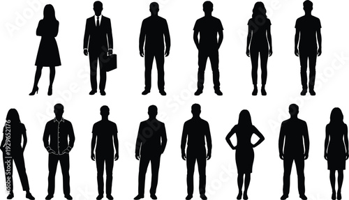 Professional silhouettes of diverse people standing in a row, isolated on white background, business and casual character collection vector illustration