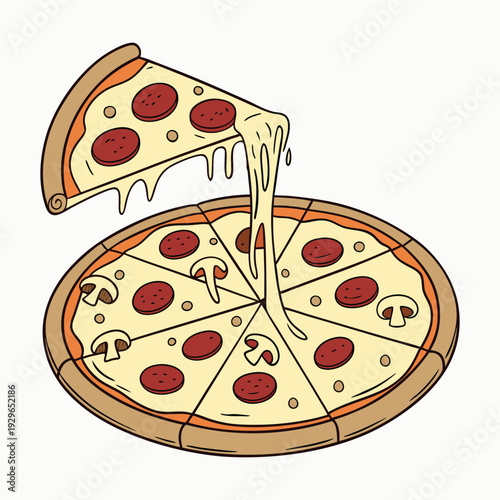 Delicious Italian pepperoni pizza vector illustration featuring a hot slice with melted cheese, tomato, and mushrooms isolated for a pizzeria snack or fast food restaurant meal