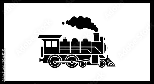Vintage steam locomotive illustration with smoke emitting from the chimney against a white background framed in black