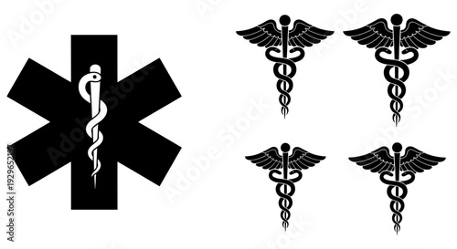 Medical symbols including star of life and rod of asclepius representing healthcare and emergency medical services on a white background with simple black graphics.
