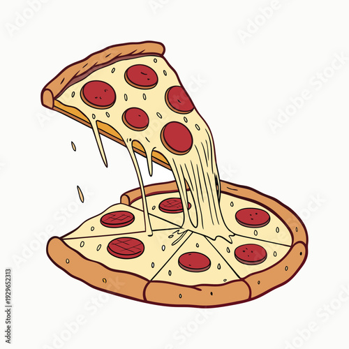 Delicious Italian pepperoni pizza vector illustration featuring a hot slice with melted cheese, tomato, and mushrooms isolated for a pizzeria snack or fast food restaurant meal