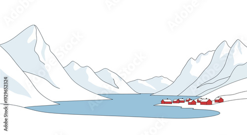 Serene Mountain Landscape with Lake and Red Buildings.