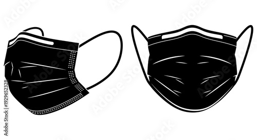 Black face masks illustration with elastic straps for medical protection and hygiene on white background
