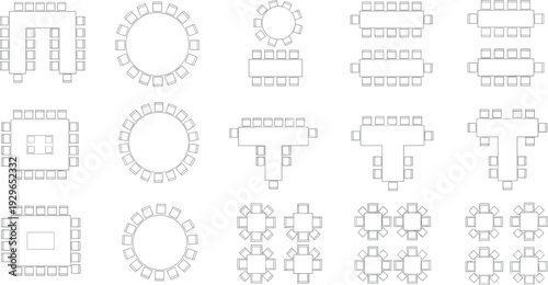 Conference table layout variations set, U shape T shape round rectangular boardroom seating arrangement top view office meeting furniture vector outline
