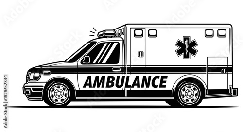 Ambulance vehicle illustration with medical symbol and emergency lights on a plain white background representing emergency medical services and paramedic care