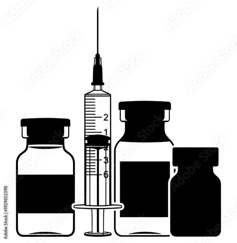 Medical supplies including vials and a syringe ready for vaccination or medical procedure in a healthcare setting illustration