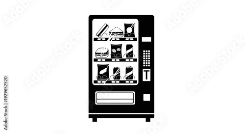 Black and white illustration of vending machine displaying various snacks with keypad and dispenser on a white background