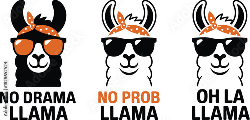 Cute Llama Mascot Trio with Orange Sunglasses and Polka Dot Bandanas Featuring No Drama Llama and No Prob Llama Quotes for Summer Apparel