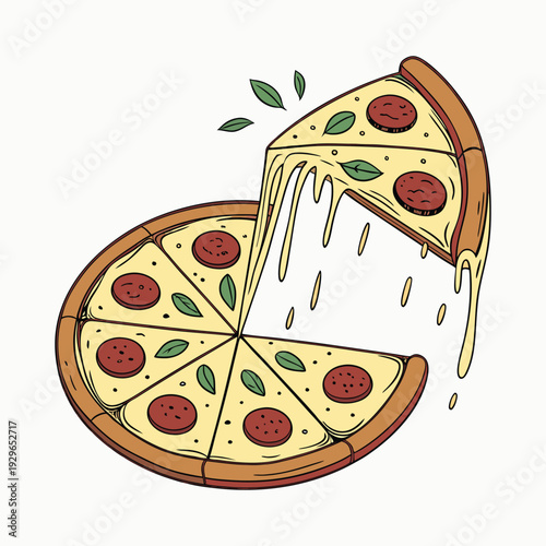 A delicious vector illustration of a tasty pepperoni pizza slice with melted cheese, tomato, and mushrooms isolated for a fast food pizzeria snack