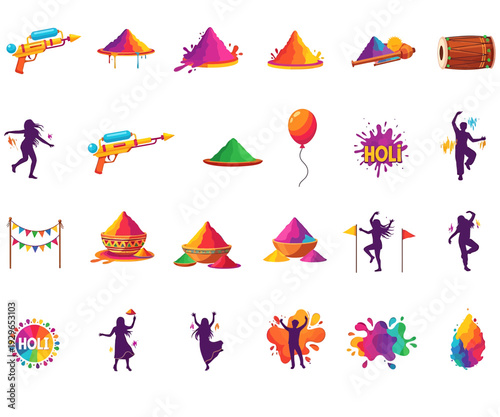 Holi festival collection with colorful powder bowls pichkari water guns and dancing people silhouettes