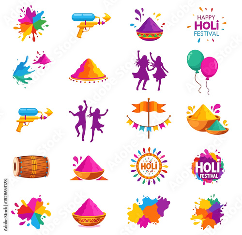 Holi festival design elements with paint splashes powder bowls and decorative banners