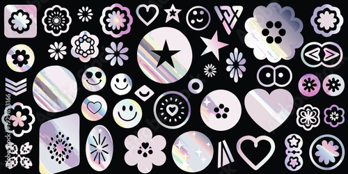 Colorful iridescent stickers featuring hearts flowers stars and smiley faces