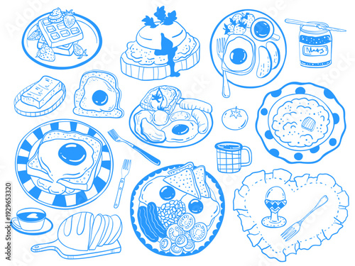 A set of  vector illustrations of breakfast. Eggs on a sandwich, fried eggs on a plate, egg dishes. Waffles, porridge, bread and coffee. Hand-drawn Mediterranean style blue linear sketch collection.