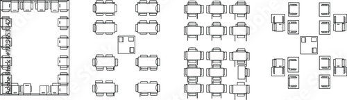 Office desk layout top view floor plan workspace furniture arrangement set, corporate interior blueprint outline, coworking space tables chairs configuration isolated background