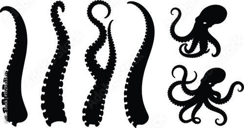 Black silhouette octopus tentacles and full bodies on white background