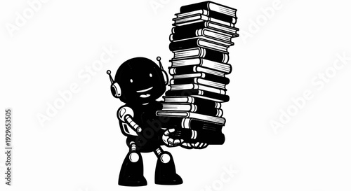 A small, black robot with headphones and antenna happily carries a tall stack of books