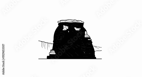 A stark, minimalist silhouette depicts a monolithic, multi-tiered rock formation
