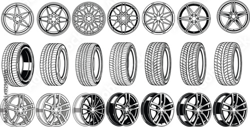Car Wheel Rims and Tires Vector Set with Alloy Discs, Sport Tire Treads, Automotive Parts, Vehicle Wheels, Rubber Tyres, Garage Equipment