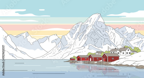 Serene Snowy Mountain Landscape with Red Cabins and Calm Water.
