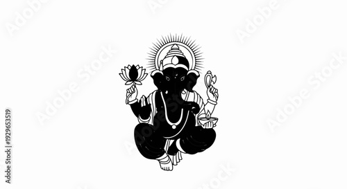 A black silhouette of a multi-armed deity with an elephant head sits cross-legged