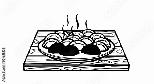 A plate of steaming dumplings sits on a wooden surface