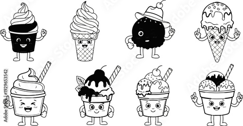 Collection of charming, anthropomorphic ice cream characters in various cones and cups