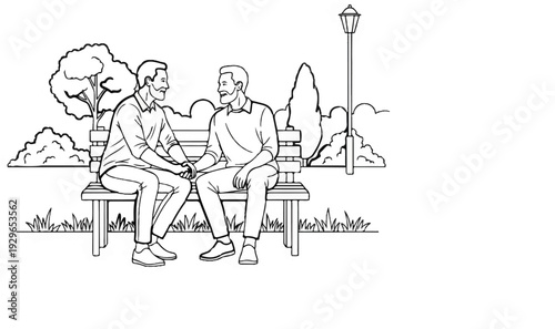 Two men hold hands while sitting on a park bench under a lamp