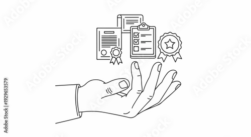A hand holds up awards, certificates, and a checklist