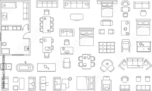 Top view apartment floor plan and furniture collection, architectural outline icons set for interior design layout, living room, bedroom, bathroom planning