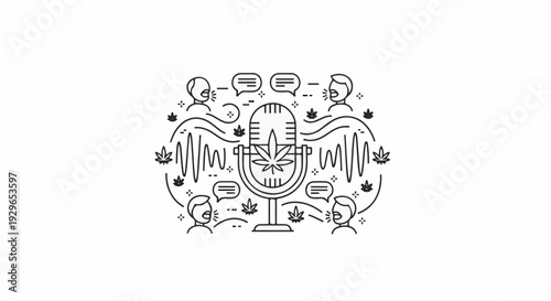 Podcast microphone with cannabis leaf, sound waves, and speech bubbles around people