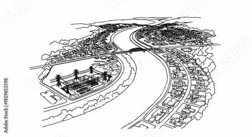 Aerial sketch of a winding river, bridge, town, and electrical substation