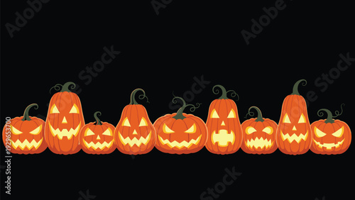 Spooky line of various carved halloween pumpkins with scary faces and glowing lights against a solid black background.