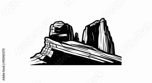 Stylized ink drawing of layered rock formations with dramatic shadows and stark contrasts