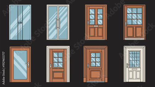 Diverse collection of modern and traditional front doors made of wood and glass in various styles for house architecture.
