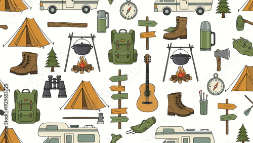 Comprehensive camping and road trip seamless pattern with camper vans tents backpacks and outdoor gear on white.