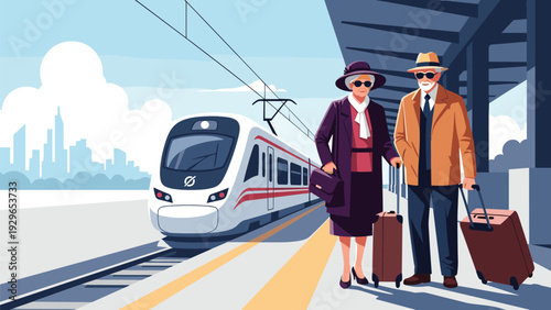 Elegant elderly couple standing on a train station platform with luggage waiting for the modern high speed train arrival.
