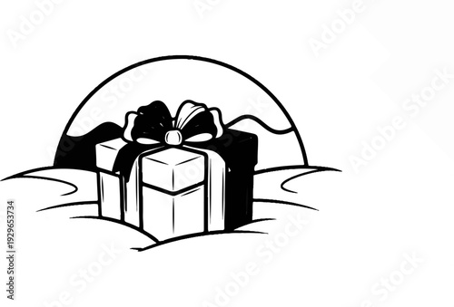 Stylized gift box with bow sits atop snowy terrain under a curved horizon line