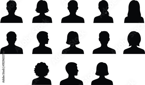 Set of diverse human silhouettes profile portraits for user avatars, business team members, web design elements, and social media profile icons