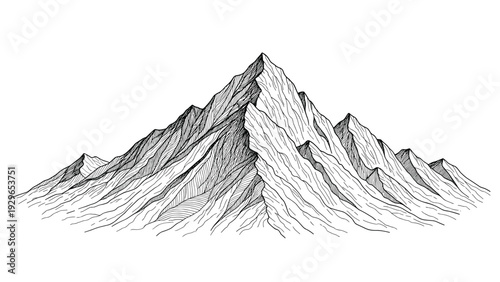 Detailed hand drawn sketch of a high rocky mountain peak with snow for nature and travel related designs.