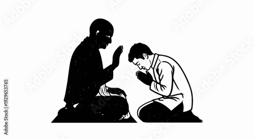 An elder in dark robes instructs a younger man bowing in reverence